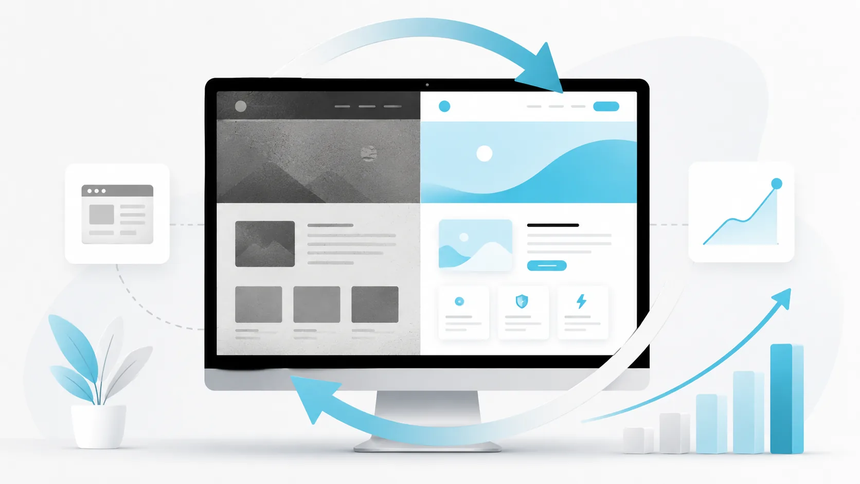 Illustration d'une refonte de site internet&nbsp;: transformation d'un site vieillissant en un site moderne, rapide et performant